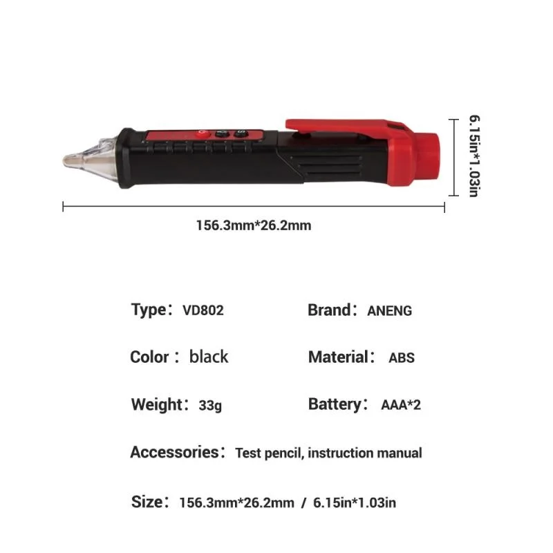 Aneng VD802 Digital Non-contact AC Voltage Detector Tester Voltmeter Ammeter Meter 12V-1000v Pen Current Test Indicator Tool |