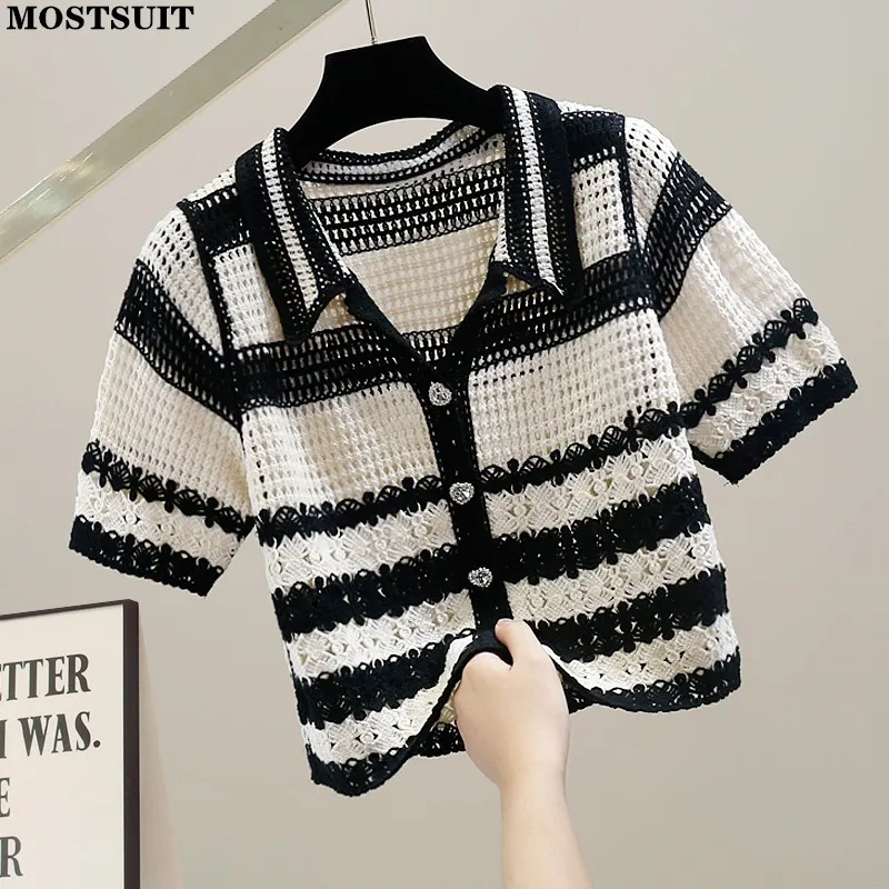 

Женский винтажный кардиган с вышивкой, тонкий вязаный кардиган в полоску, Стильный укороченный свитер в Корейском стиле, лето 2022