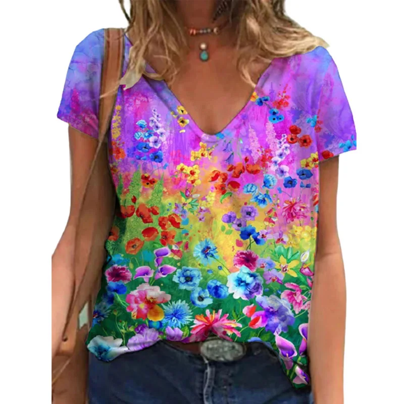 

Summer Flower Print Short-sleeved T-shirt Women's Tops V Neck Y2K Casaul Pullover Streewear Oversize Retro T Shirts Blusas Mujer