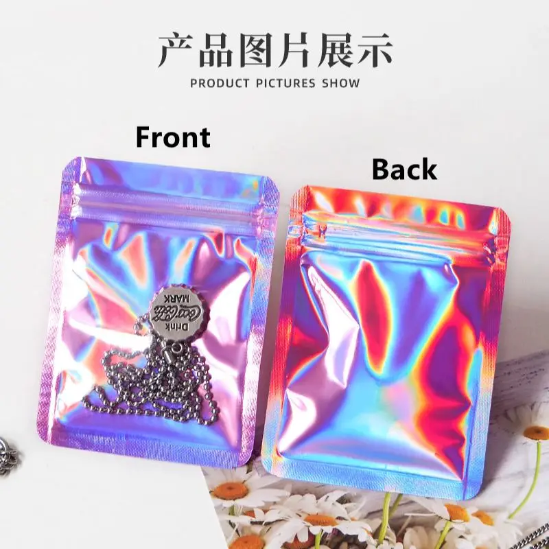 

100PCS Laser Colorful Window Show Zipper Packet Necklace Packaging Bag Plastic Front Clear Rainbow Jewelry Small Shiny Pouch