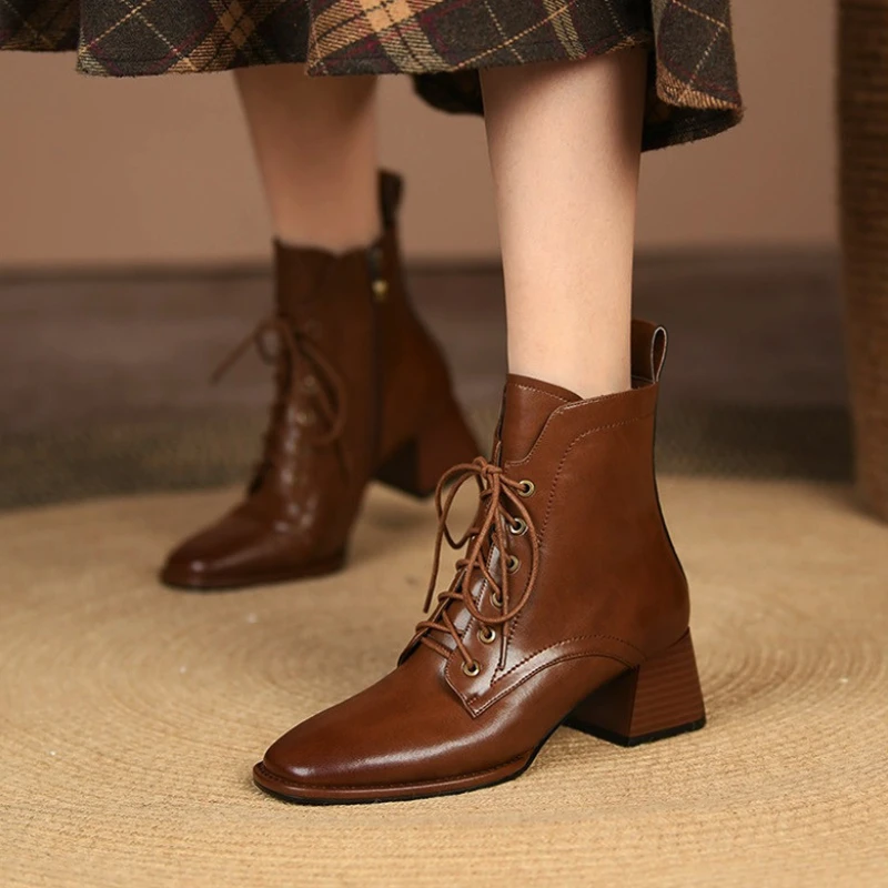 

Ботильоны женские на высоком каблуке, Элегантные повседневные ботинки на шнуровке, квадратный носок, на осень-зиму