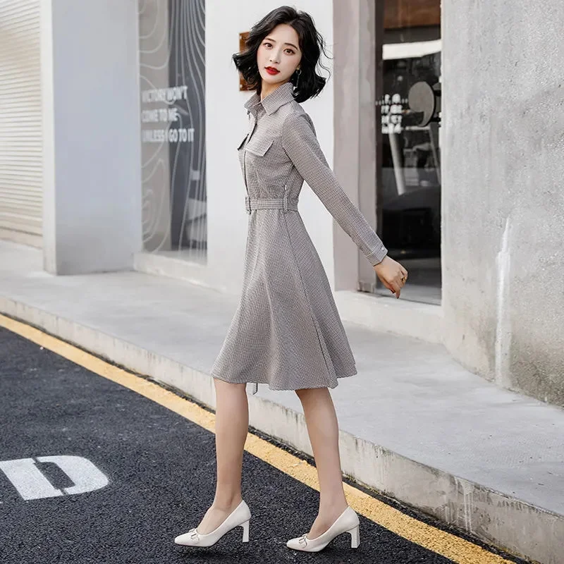 

Women Retro Plaid Shirt Dress 2022 Autumn New All-match Simple Fashion Waist Thin Long Sleeve A-Line Mid-Length Skirt Female