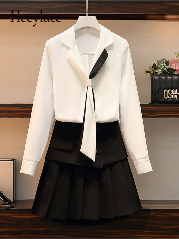 

Женский офисный костюм из двух предметов, элегантная шифоновая блузка с длинным рукавом и V-образным вырезом и плиссированная юбка, Костюм ...