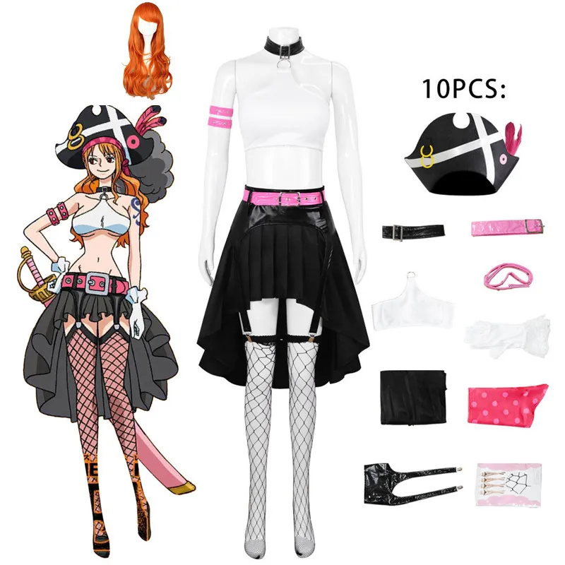 

Anime Movie Nami Cosplay Costume Wig Pirate Dress Halloween Carnival Female Hat Belt Headscarf Gloves Socks Collar
