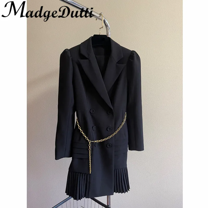 

9.27 MadgeDutti Metal Chain Decoration Blazer Dress Women Classic Double Breasted Design Chic Spliced Pleated Dress