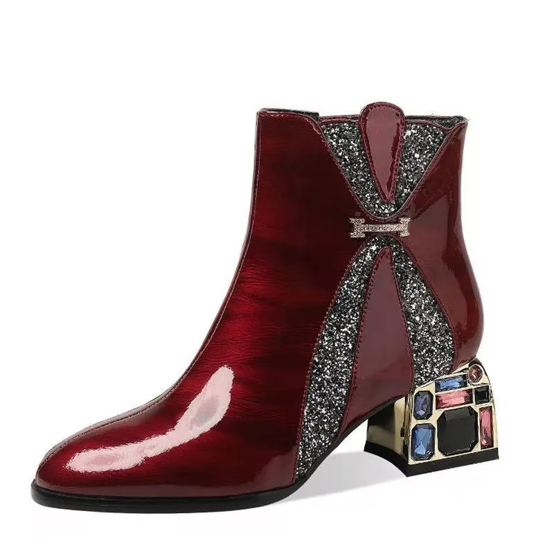 

Women Chunky High Heel Martin Boots Fashion Sexy Ankle Zip Rhinestone Deco Crystal Pumps Solid Party Classic Ladies Lovely Shoes