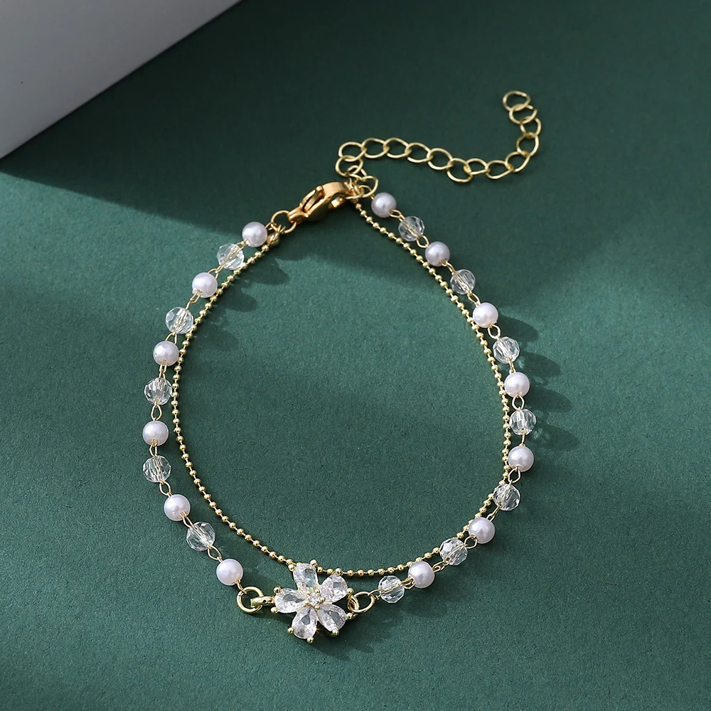 

2022 Exquisite Zircon Pearl Double Layer Crystal Bracelet Women Simple Light Luxury Flower Adjustable Bracelet Jewelry Gift