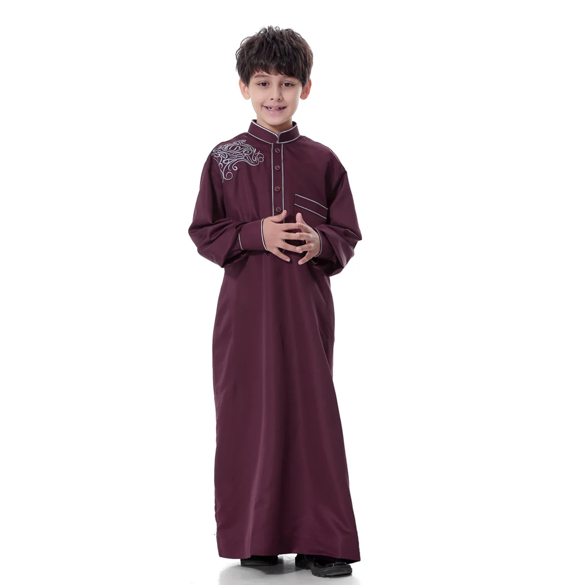 Middle East Muslim Teenager Robe Boys Jubba Thobe Islamic Child Long Sleeve Stand Collar Kaftans Jalabiya Arab Ramadan Costumes