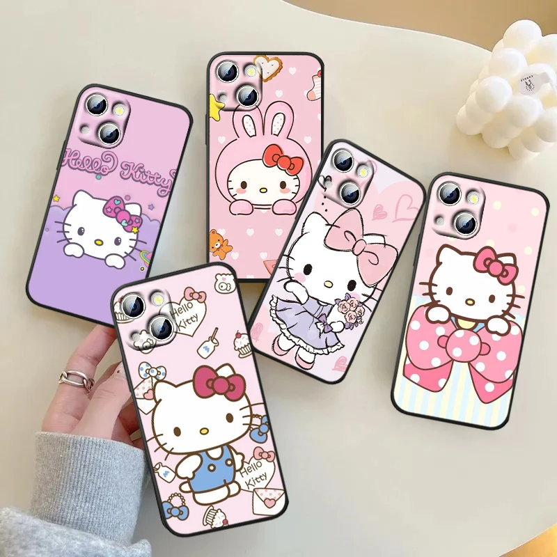 

Cute HelloKitty For iPhone 14 13 12 11 Pro Max XS Max X XR 7 8 Plus 6S 5S Silicone Black Shell Phone Case