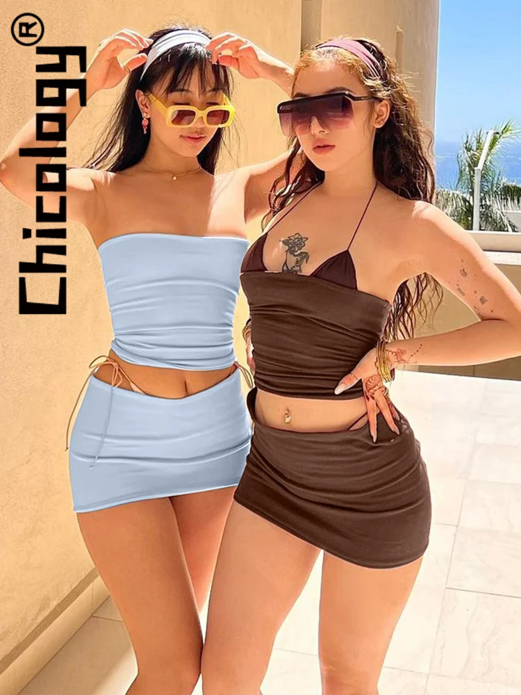

Chicology 2022 Women Solid Strapless Crop Top Slim Mini Skirt 2 Piece Skirt Set Sexy Partstreetwear Holiday Summr Fahsion Outfit