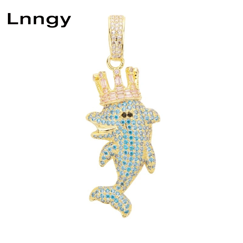 

Lnngy желто-Золотой Дельфин в виде животного, надетый подвеска в виде короны 10K, твердый Золотой багет с фианитами, украшения в стиле хип-хоп дл...