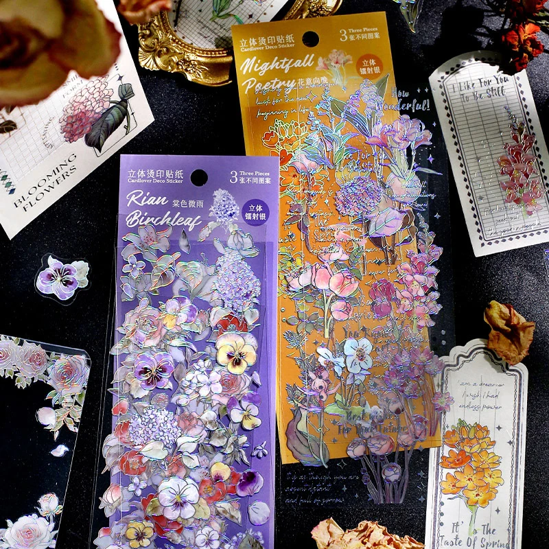 

3PCS Flower Sticker Foil Journaling Stickers Scrapbooking Card Making Envelopes Crafts Album Label Stickers Laser Hot Silver PET
