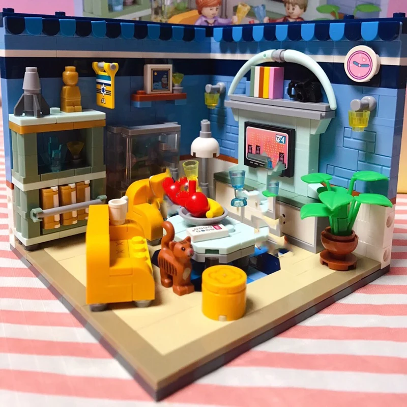 

Toys for Children City Architecture House Corner Living Room Cat Television Fruit 3D Model DIY Mini Blocks Bricks Building