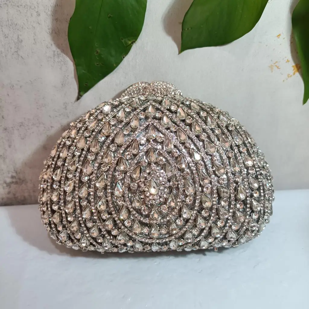 

Women Silver Color Crystal Evening Clutch Bags Bridal Stones Clutches Bags Lady Handbag and Purse Wedding Party Diamond Gift Bag