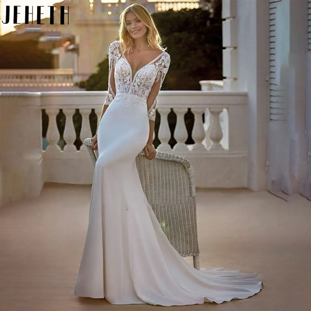 

JEHETH Vintage Mermaid V-Neck Bridal Gowns Sexy Lace Appliques Wedding Dresses Backless Half Sleeves Robe De Mariee Custom Made
