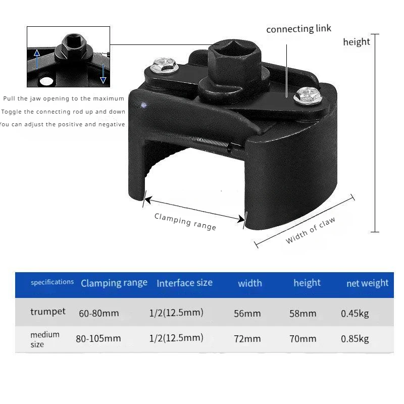 Универсальный Регулируемый ключ для масляного фильтра с двумя зажимами 60-80 мм