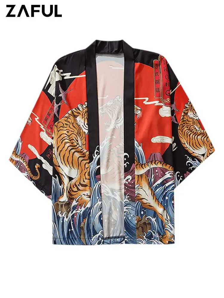 

ZAFUL Kimono Cardigan Shirts for Men Y2K Aesthetic Tiger Ocean Waves Print Open Front Shirt Casual Streetwear Tops Z4666401