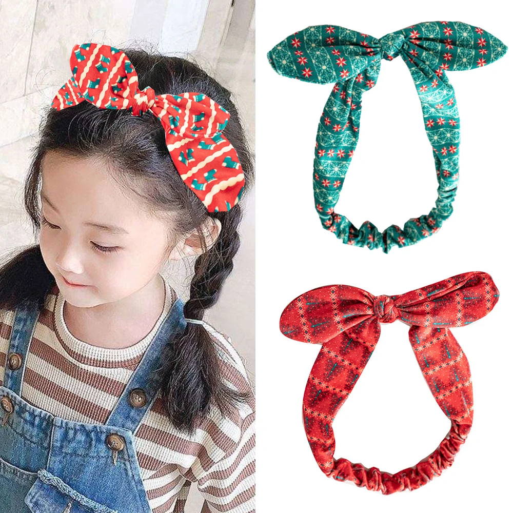 

Xmas Big Bows Striped Star Print Hairbands Rabbit Ears Elastic Hair Bands Flannel Knotted Turban Head Wrap Soft Hair Accessories