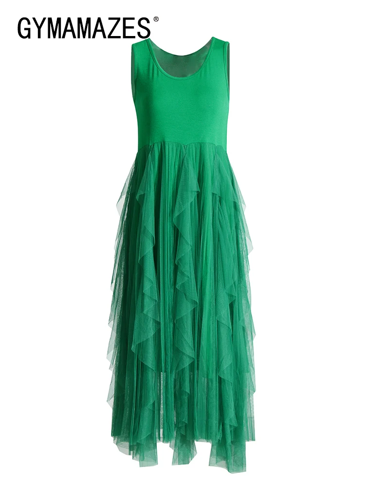 

GYMAMAZES Patchwork Mesh Solid Dress For Women Round Neck Sleeveless Loose Waist Long Dresses Female Fashion Casual Clothing New