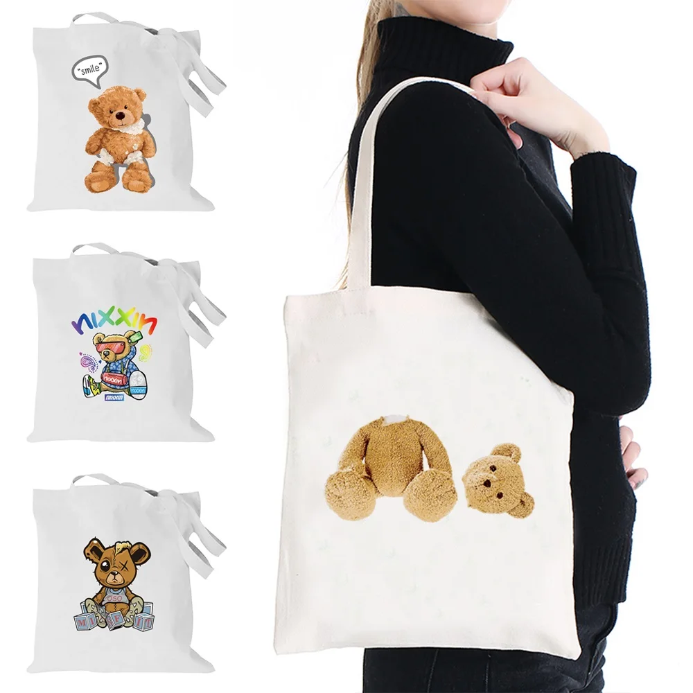 

Women Shopping Bag Organizer Foldable Canvas Tote Bag Large Capacity Bear Pattern Shoulder Handbag Shopper Bag