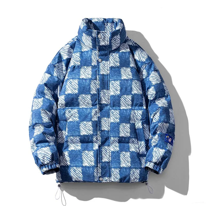 Winter Coat Men 2022 Thickened Checkerboard Thermal Jacket Fashion Printed Stand Collar Cotton Jackets Outdoor Sports Jacket