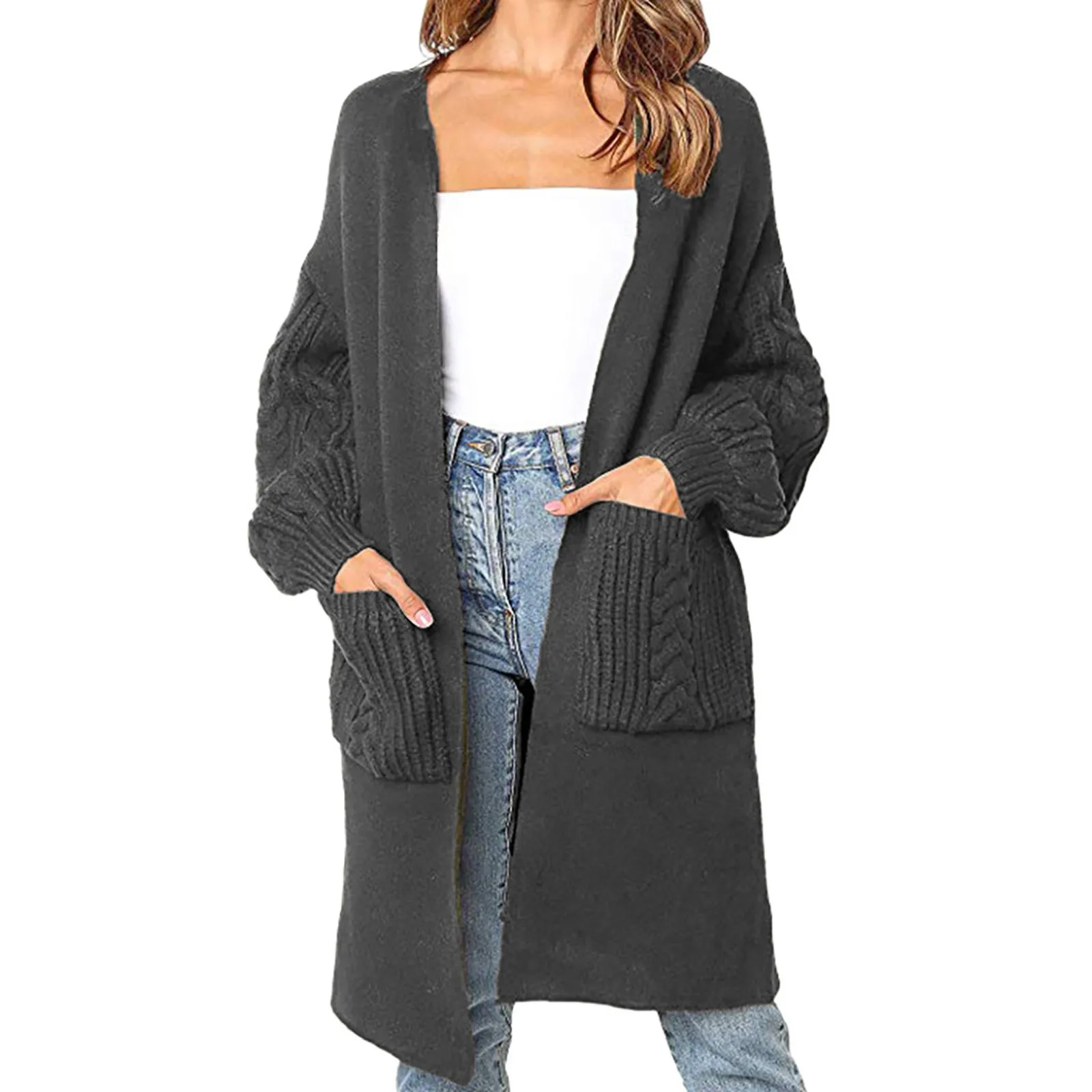 

Women Sweater Cardigan Ladies Solid Color Loose Warm Pocket Jacket Spring Autumn V Neck Knitted Coat Female Casual Tops