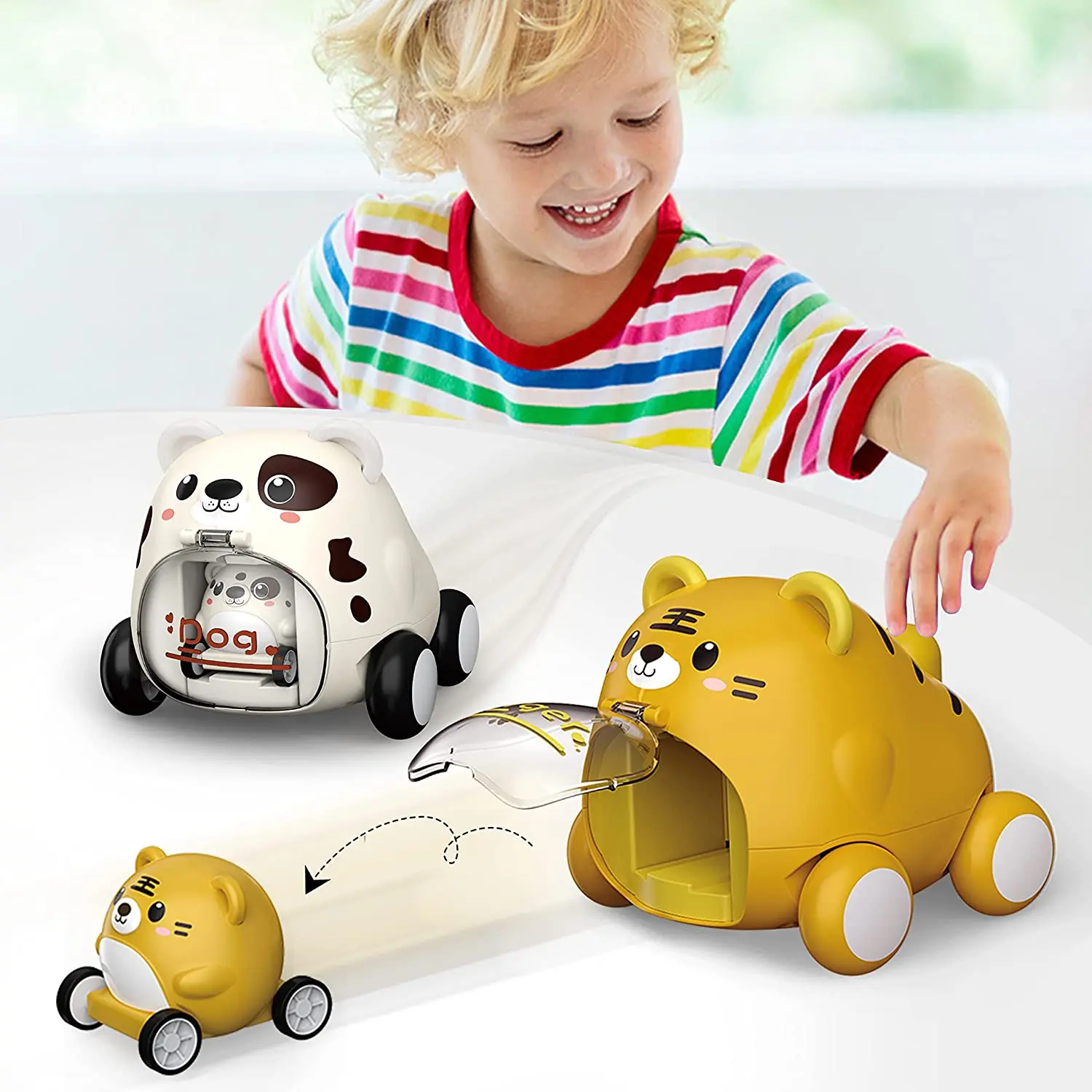 

2PCS Friction Powered Cars Pull Back Push and Go Toy Cars Set Dog & Tiger Parent Child Vehicles Toys for 3-6 Year Old Toddler