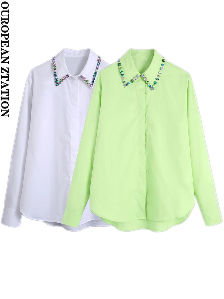 

PAILETE Women 2022 fashion with bejewelled asymmetric poplin shirts vintage long sleeve button-up female blouses blusas chic top