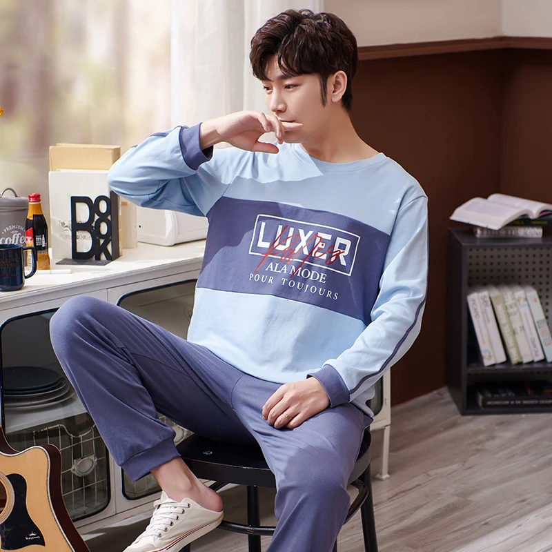QUHENG Autumn New Youth Pure Cotton Round Neck Long-sleeved Trousers Suit Men's Alphabet Simple Pajamas 2-pieces  Home Clothes