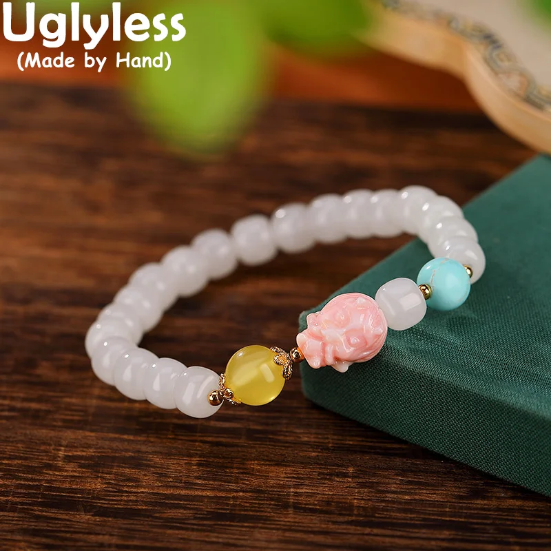 

Uglyless Natural Hotan Jade Bracelets for Women Simple Beading Stretch Elastic Rope Bracelets Multi Gemstones Jewelry Turquoise