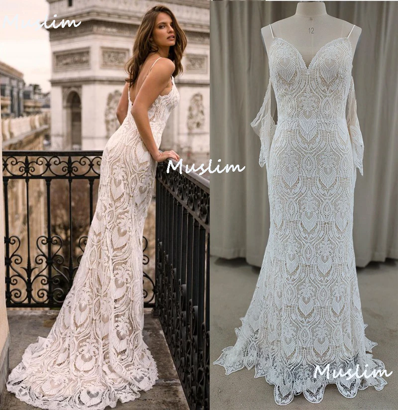 

Rustic Boho Lace Wedding Dress 2022 Sexy Spaghetti Straps Mermaid Bohemian Country Wedding Dresses Hippie Backless Beach Bride