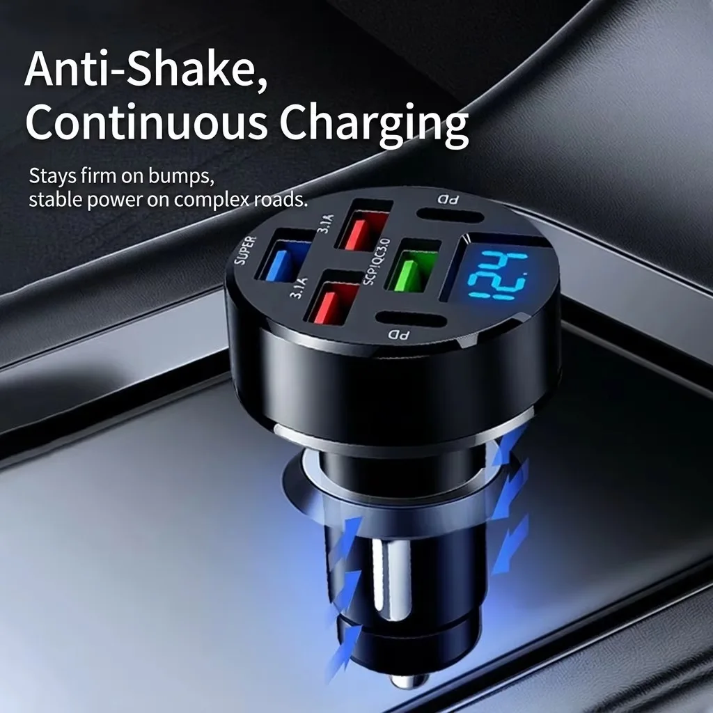 Фото Многопортовое автомобильное зарядное устройство USB-C 12В/24В с дисплеем напряжения в реальном времени, сверхбыстрый адаптер для зарядки iPhone, Samsung, планшетов, iPad №4