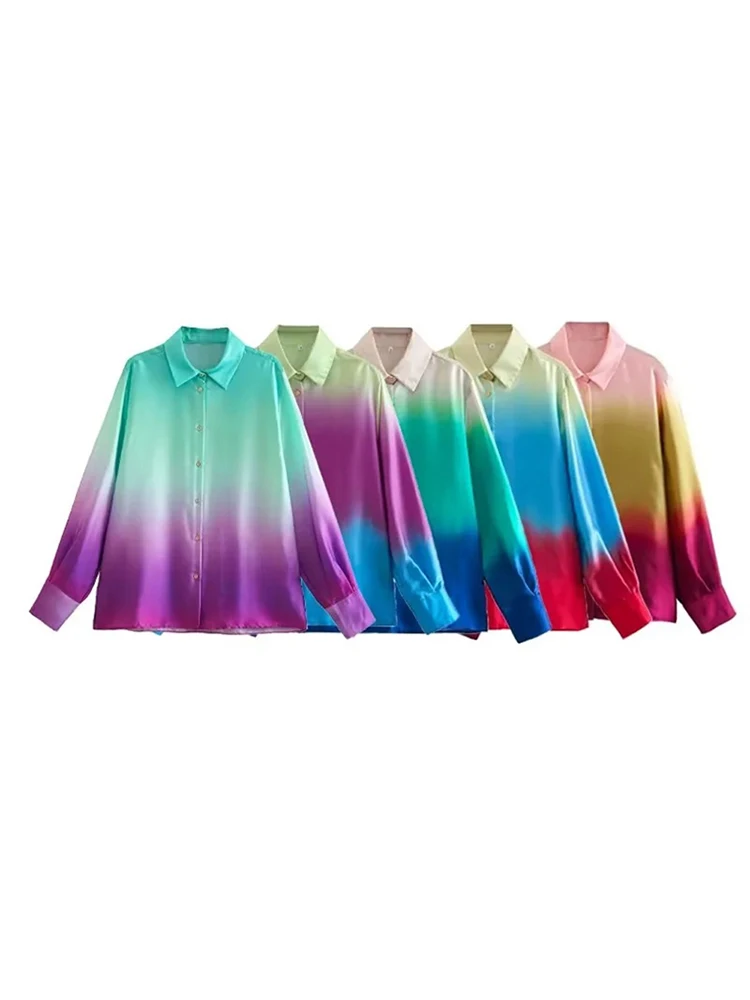 

New Fashion Tie-Dyed Blouse Women 2023 Spring Summer Elegant Long Sleeve Folds Sweet Turn Down Collar Shirt High Street Outwear