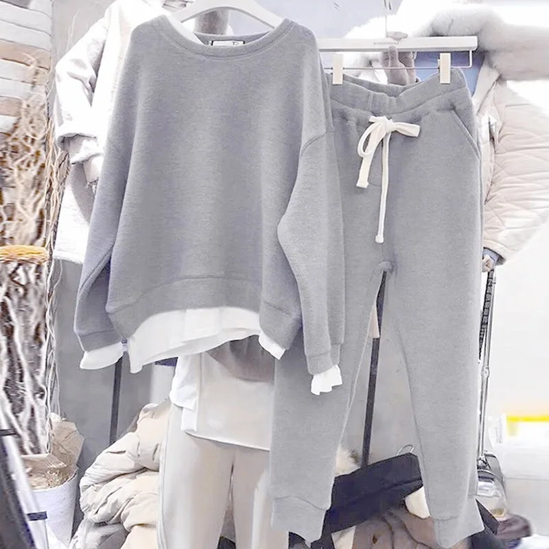 

Women's Two Pieces Set Fashion Fake 2 Pcs O Neck Loose Sweatshirts Casual Lace Up Sweatpants Streetwear Ladies Tracksuit