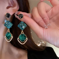 fashion green shiny crystal earrings for women geometric dangle luxury trendy exaggerated ear jewelry pendant