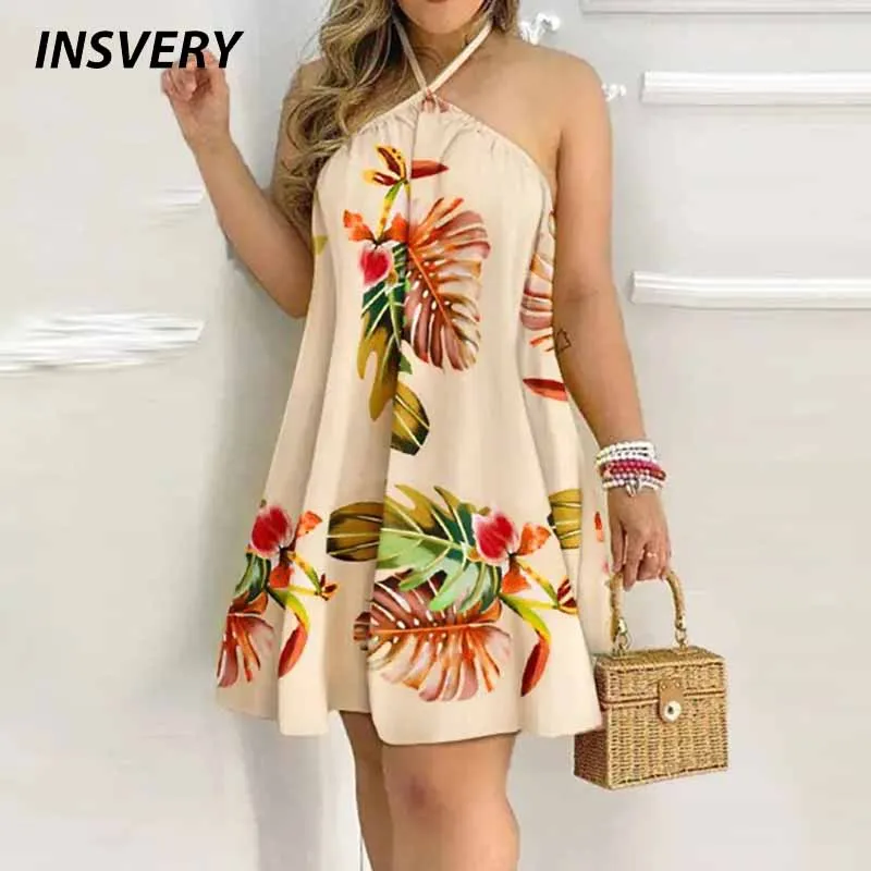 

Women Summer Dresses Halter Holiday Beach Dress Ladies Sleeveless Party Dresses Boho Loose Mini Dress Sundress 2022