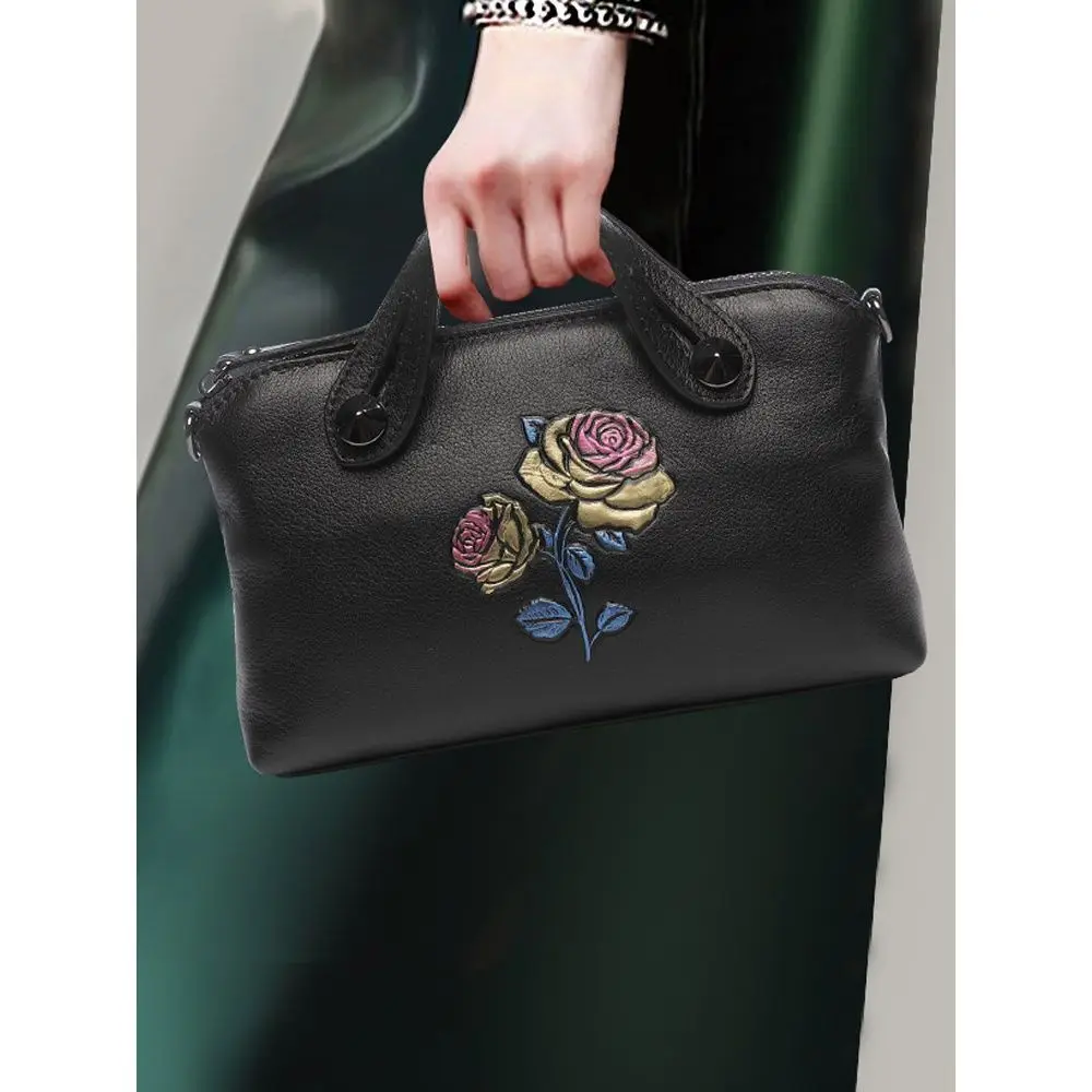 

New 2023 Floral Design Women Handbags Genuine Leather Rose Tote Shoulder Bags First Layer Cowhide Crossbody Bag Satchels