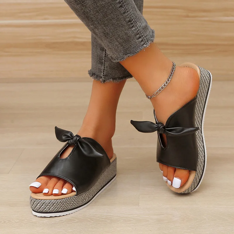 Female New Slides Ladies Open Toe Sewing Flat Shoes Women Butterfly-knot Casual Summer Slippers Plus Size 36-43