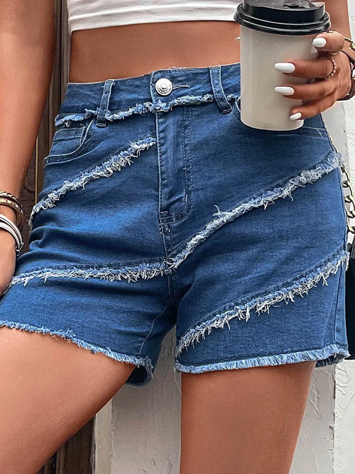 Summer Pocket Button Frayed Hem Denim Shorts Women Harem Ruffled Blue High Waisted Shorts Female Elastic Short Jeans