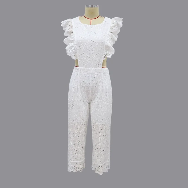 New Ladies Jumpsuit White Elegant Sexy Hollow Wide Leg Ruffle Sleeveless Round Neck Jumpsuit Ladies Summer Clothing Jumpsuit