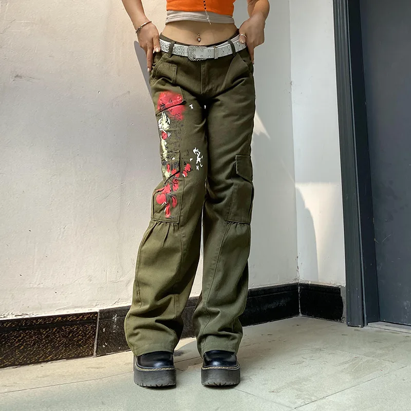

E-girl Streetwear Grunge Cargo Pants Tie Dye Print Vintage 90s Wide Leg Pants Women Low Waist Straight Sweatpants Y2K aesthetic