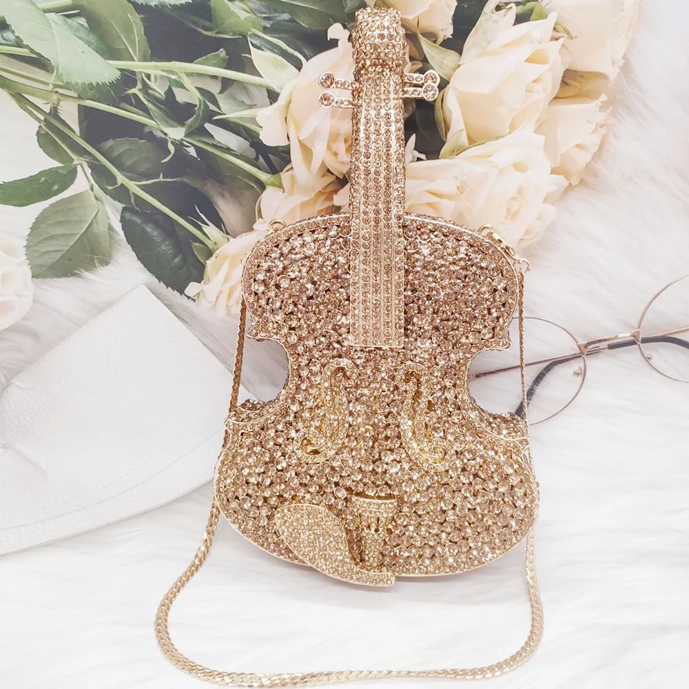 DGPEAFOWL Personal Tai 3D Violin Design Diamond  Bag For Women Luxurious Evening Wedding Handbag Ladies Party Phone Cosmetic Bag