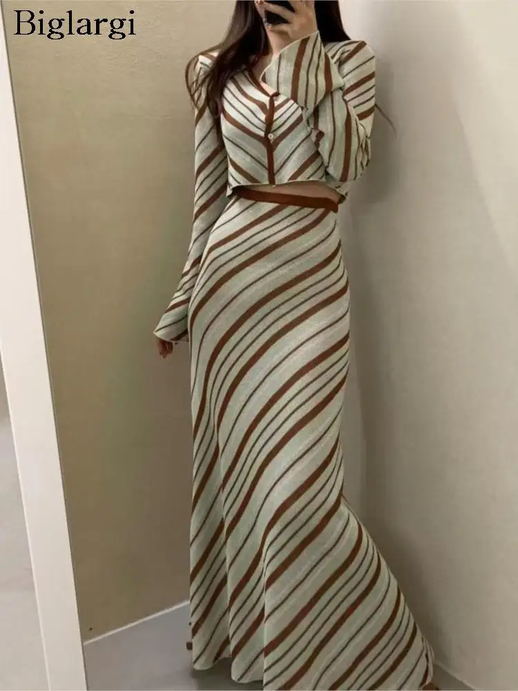 

Autumn 2 Two Piece Set Women Knitted Striped Long Sleeve Ladies Cropped Cardigan High Waist Bodycon Fishtail Woman Skirt 2023