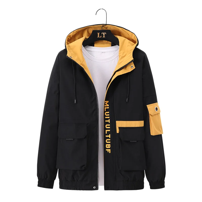 

2023 New Mens Spring Autumn Jacket Zipper Casual Hooded Black Gray Jakcet Fashion Patchwork Windbreaker Jacket Men Coat Clothing