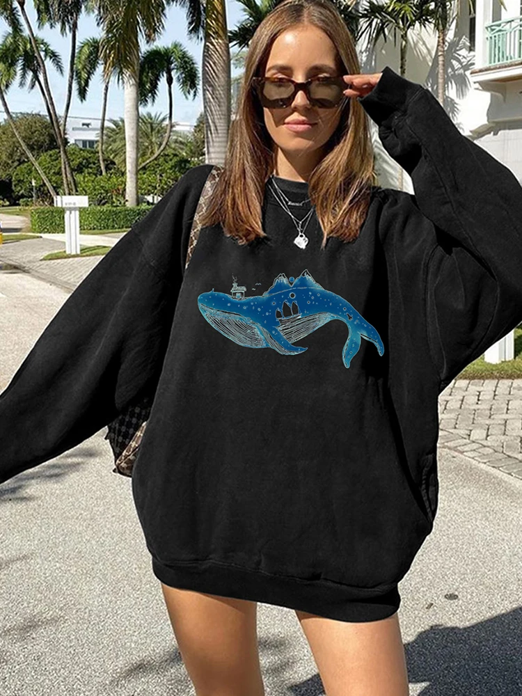 Whale Print Pullovers Graphic Women Sweatshirts Marine Life Animal Oversized Sweatshirt Crewneck Streetwear Tops Woman Clothes