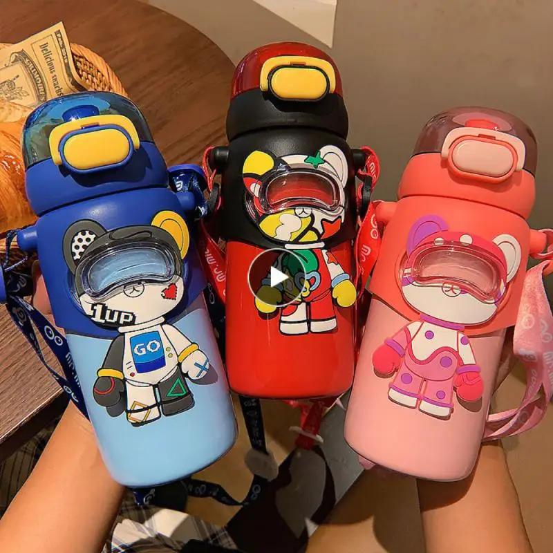 

Thermos Cup Bear Graffiti Creative Straw Bottles Cartoon Cute Water Cup Kitchen Accessories Childrens Cup Leakproof 460ml