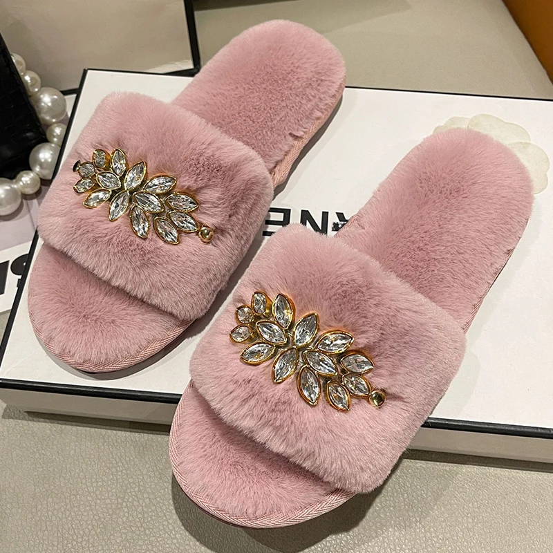 Fashion Crystal Flower Design Women Home Flat Slippers Solid Color Open Toe Home Fur Warm Non-slip Leisure Interior Woman Shoes