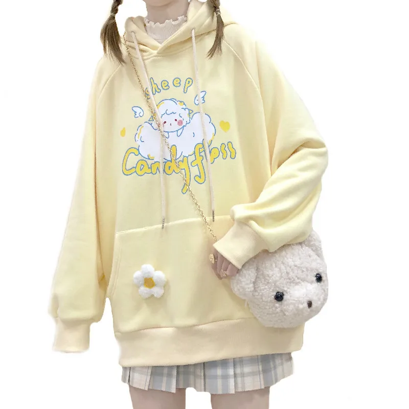 Sudadera con capucha para mujer, con estampado de oveja y dibujos animados, estilo Harajuku Kawaii, jerséis con Bolsillo grande, ropa para chica adolescente, Primavera