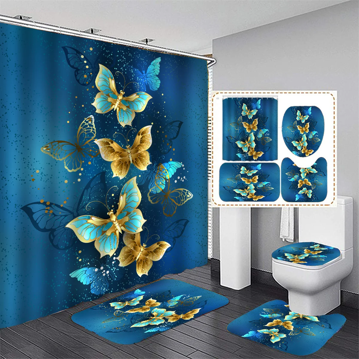 

Сине-золотистая душевая занавеска в форме бабочки, набор с искусственной крышкой, коврик для ванной, водонепроницаемая занавеска из полиэстера с 12 пластиковыми крючками