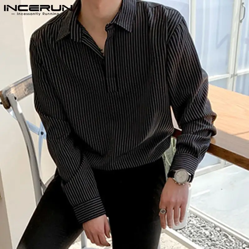 

INCERUN Men Striped Shirt Turn Down Collar Long Sleeve Streetwear Loose Korean Casual Men Clothing 2022 Leisure Camisas S-5XL